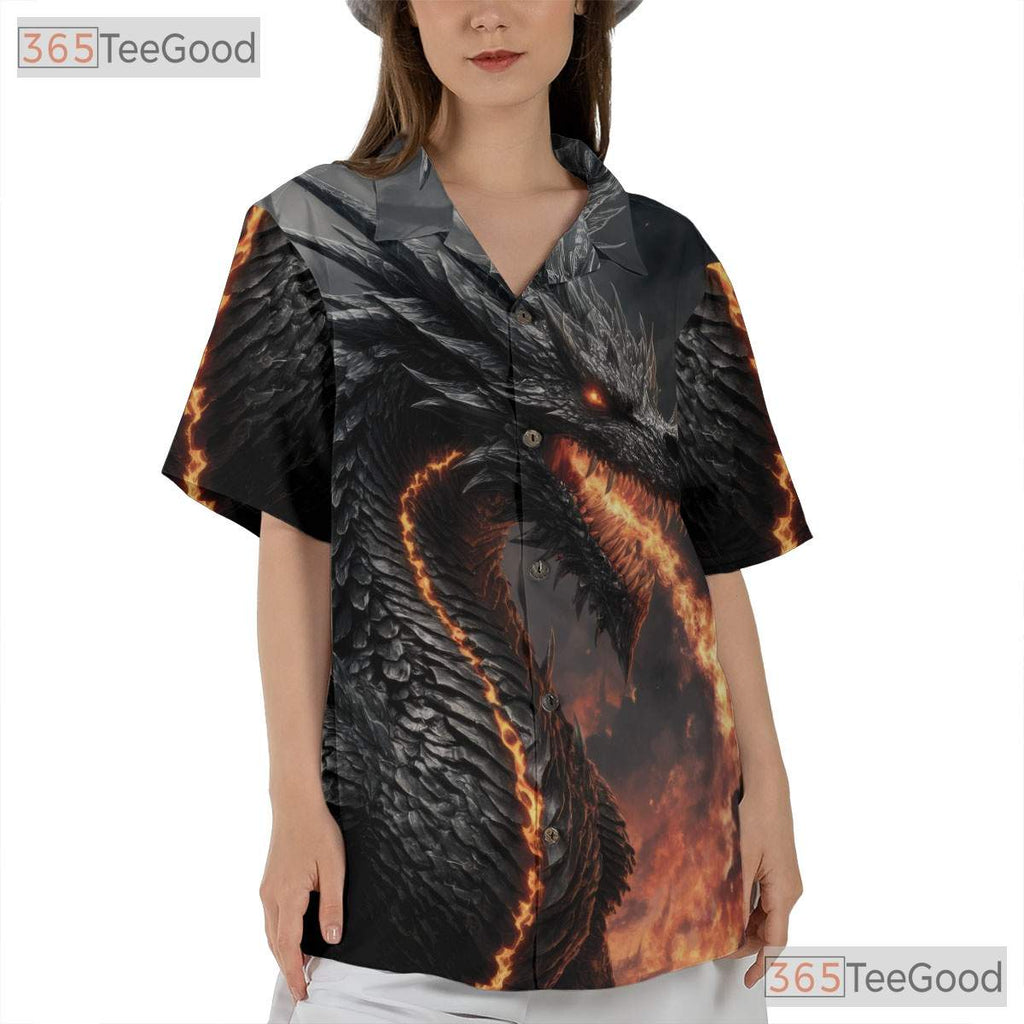 Black Fire Dragon Fantasy Hawaiian Shirt- Unisex Flaming Beast Print Apparel