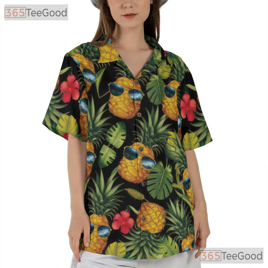Black Funny Tropical Pineapple Vacation Hawaiian Shirt Men Women Summer Outfit