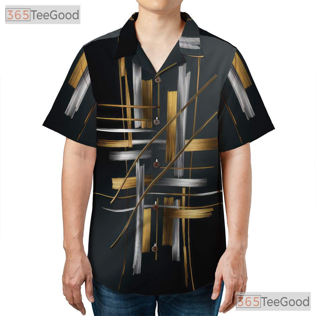 Black Gold Modern Luxury Abstract Geometric Print Hawaiian Shirt Unisex Top