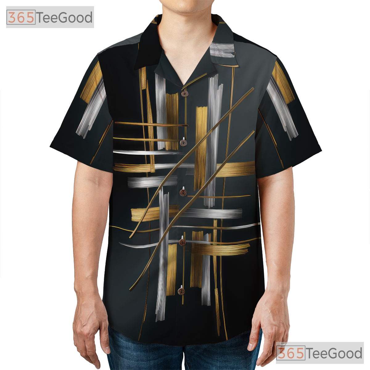 Black Gold Modern Luxury Abstract Geometric Print Hawaiian Shirt Unisex Top