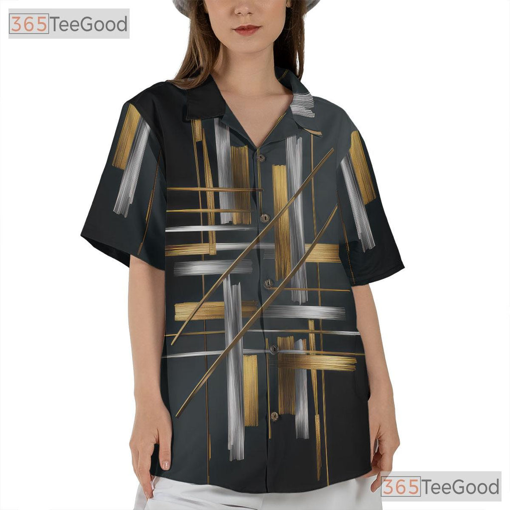 Black Gold Modern Luxury Abstract Geometric Print Hawaiian Shirt Unisex Top