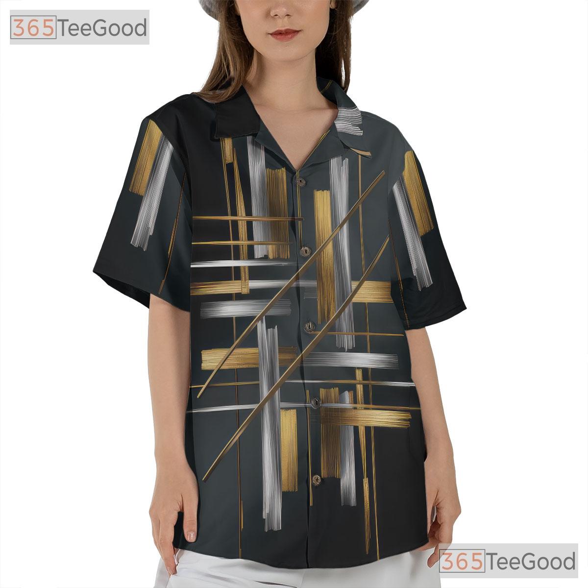 Black Gold Modern Luxury Abstract Geometric Print Hawaiian Shirt Unisex Top
