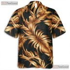 Black Gold Palm Leaf Tropical Aloha Beach Party Wear Hawaiian Shirt Unisex