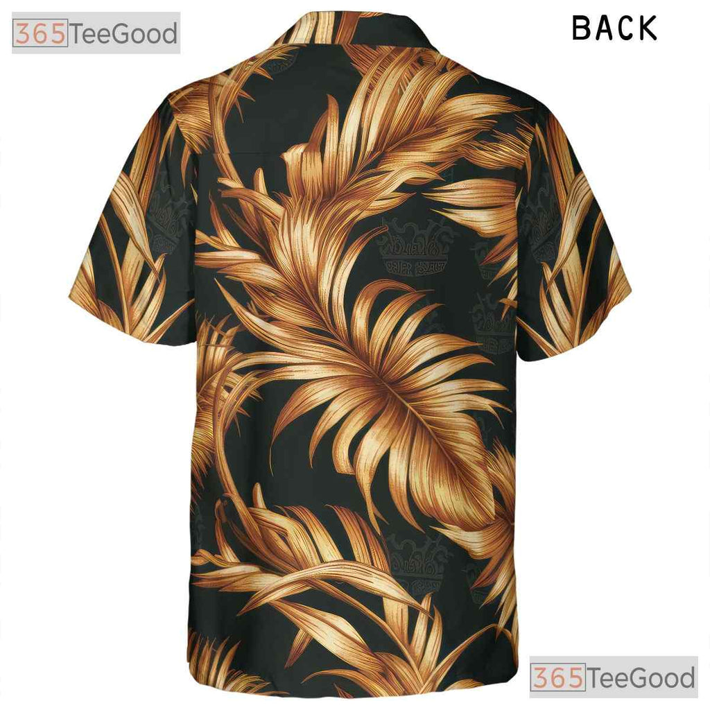 Black Gold Palm Leaf Tropical Aloha Beach Party Wear Hawaiian Shirt Unisex