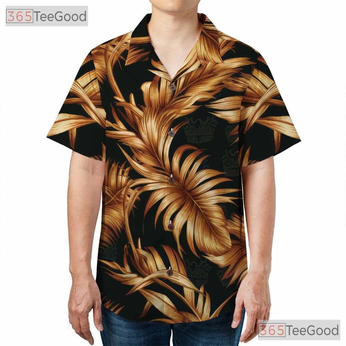 Black Gold Palm Leaf Tropical Aloha Beach Party Wear Hawaiian Shirt Unisex