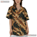 Black Gold Palm Leaf Tropical Aloha Beach Party Wear Hawaiian Shirt Unisex