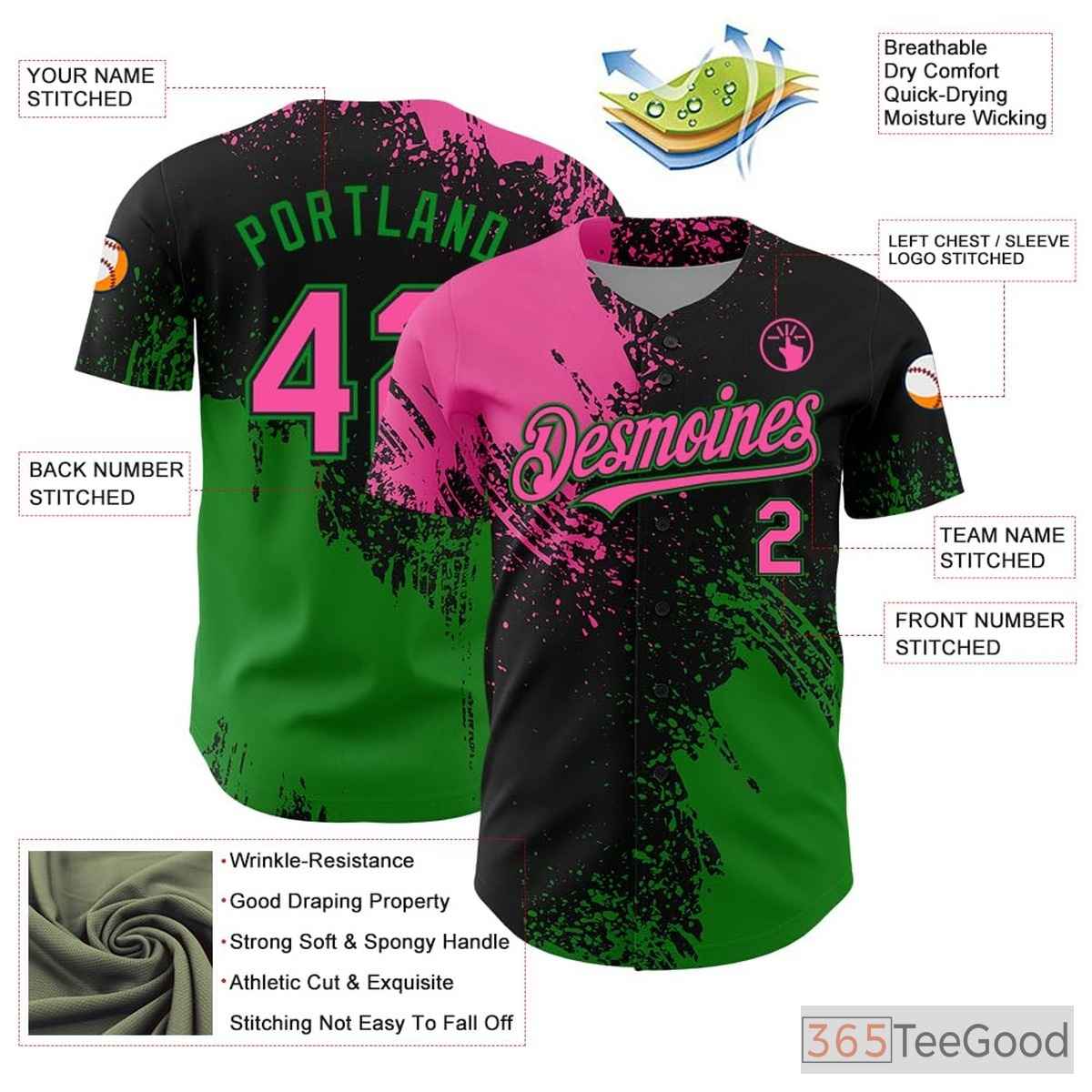 Black, Green & Pink Custom Stitched Baseball Jersey Tee for Men & Women
