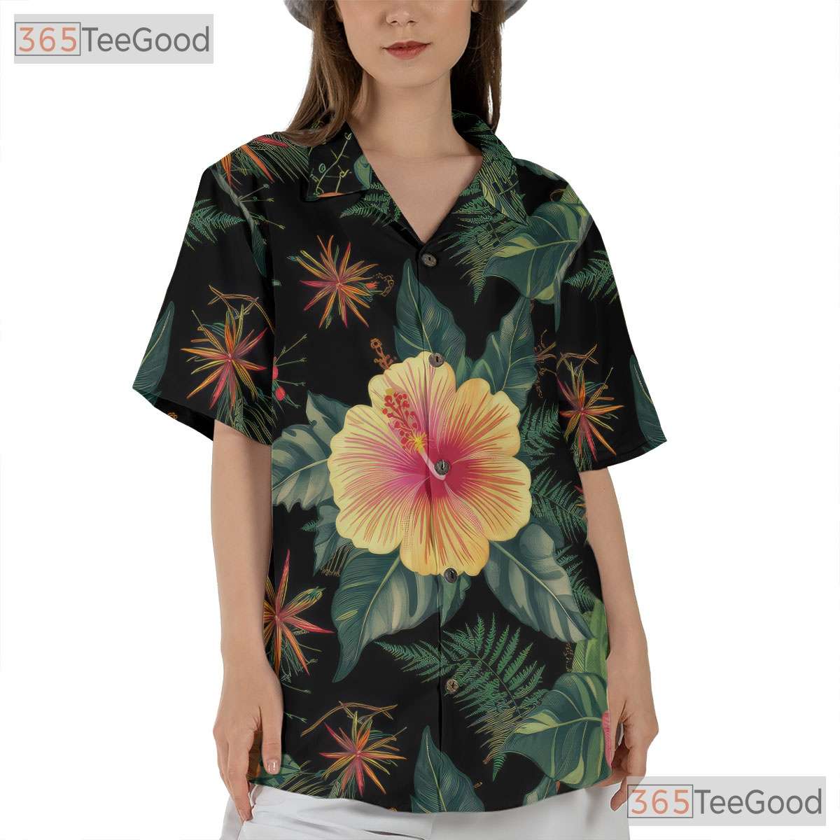 Black Hibiscus Floral Hawaiian Shirt - Adult Tropical Aloha Luau Beachwear