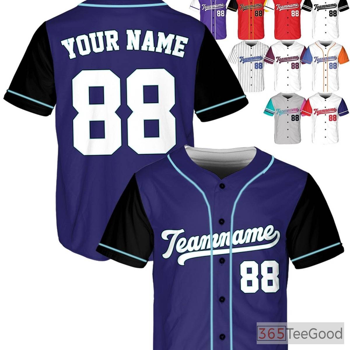 Black, Navy & Turquoise Baseball Jersey Tee with Your Own Name, Number & Logo