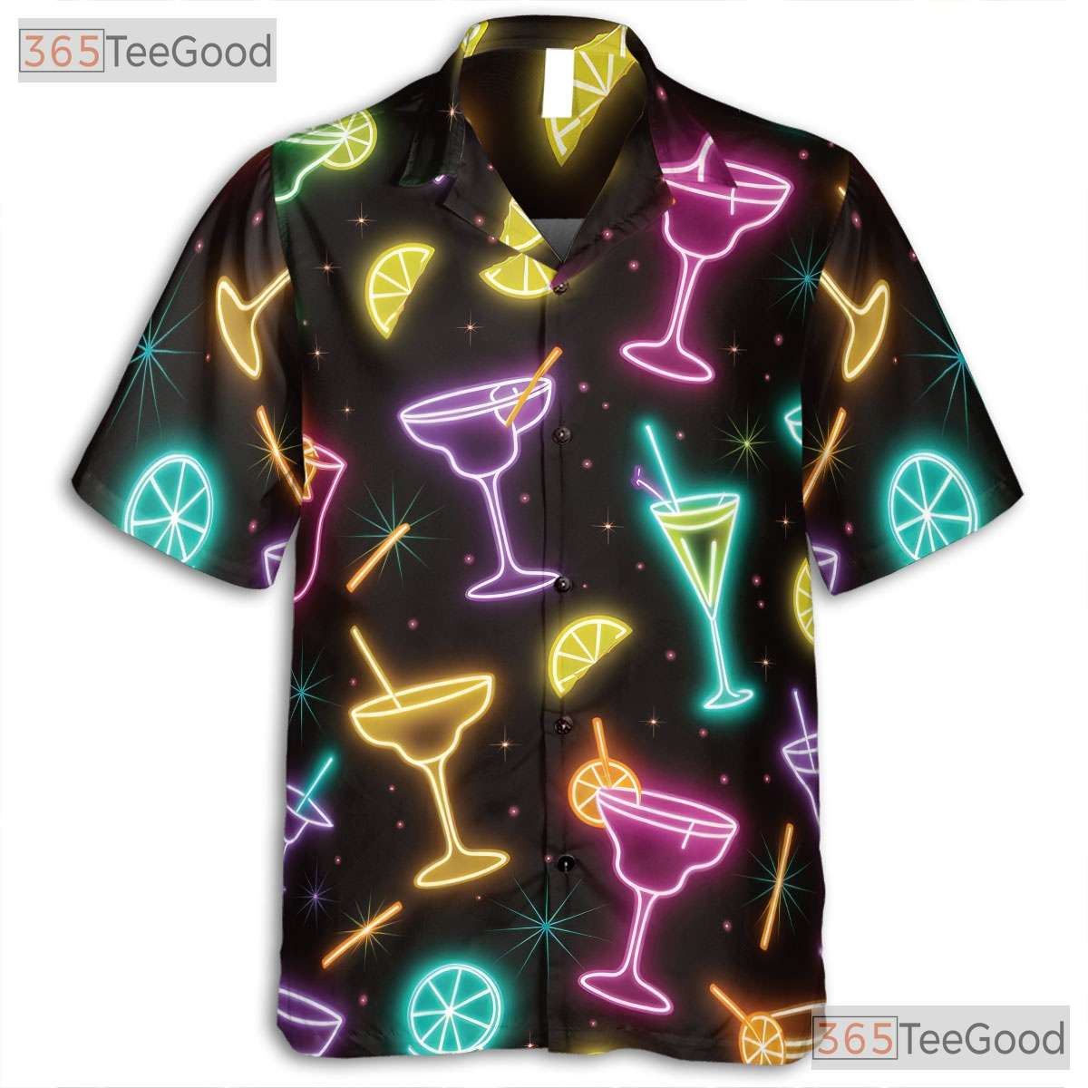 Black Neon Cocktail Hawaiian Tee- Unisex Margarita Martini Party Night Top
