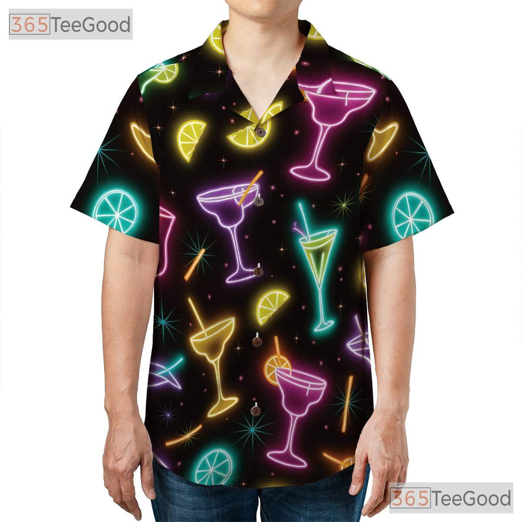 Black Neon Cocktail Hawaiian Tee- Unisex Margarita Martini Party Night Top