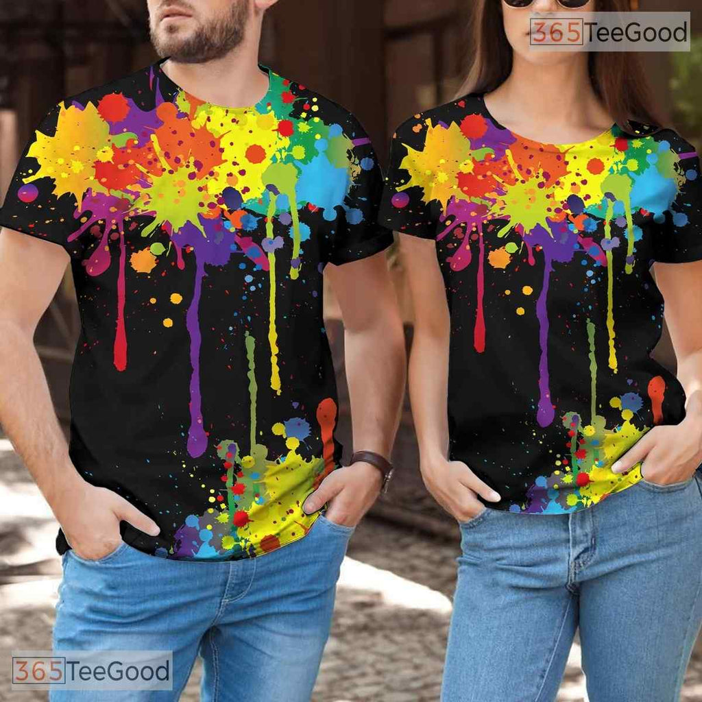 Black Paint Splatter Artistic 3D Graphic Print Casual Novelty T-Shirt Unisex