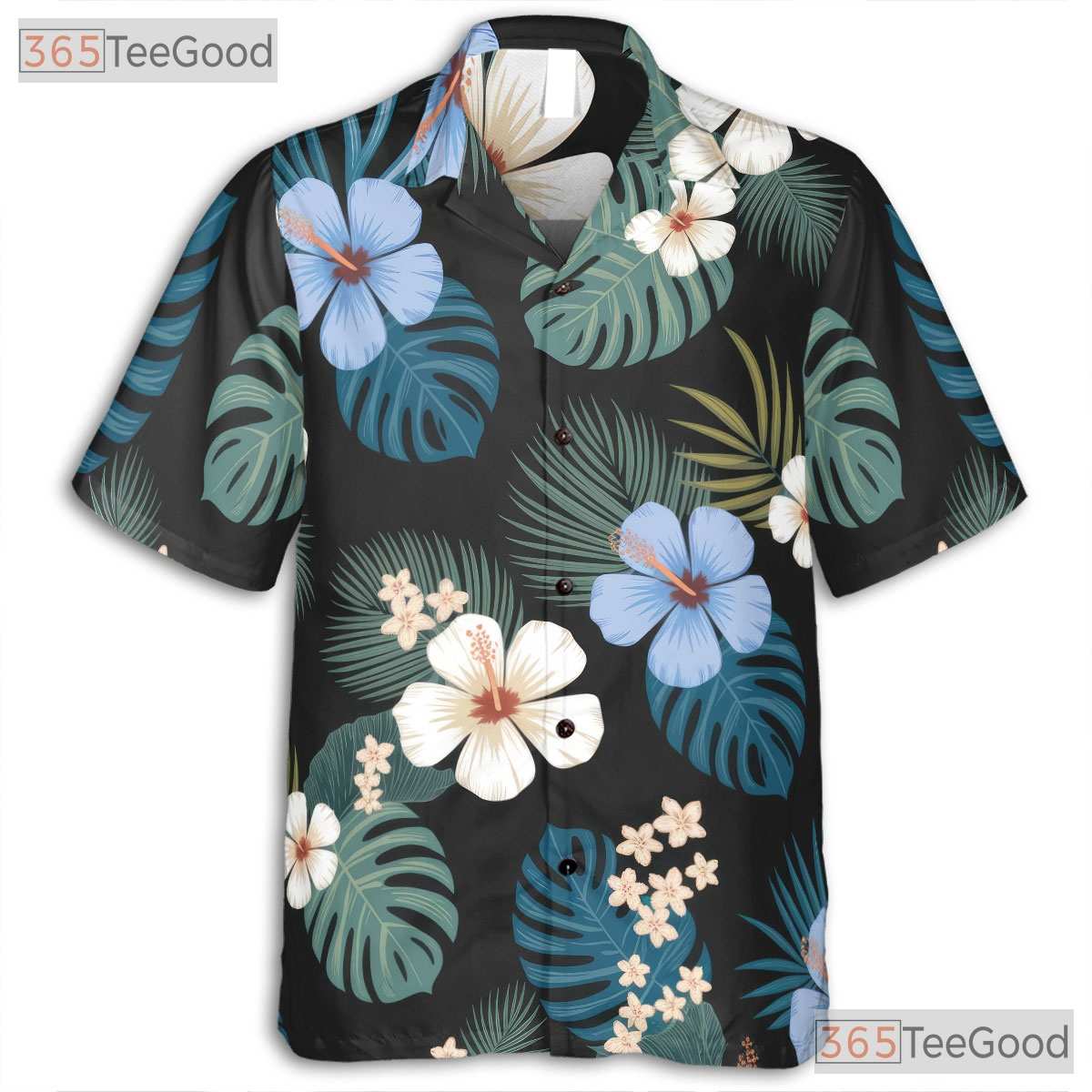 Black Palm Hibiscus Floral Hawaiian Shirt- Unisex Tropical Aloha Party Style