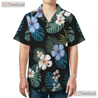 Black Palm Hibiscus Floral Hawaiian Shirt- Unisex Tropical Aloha Party Style