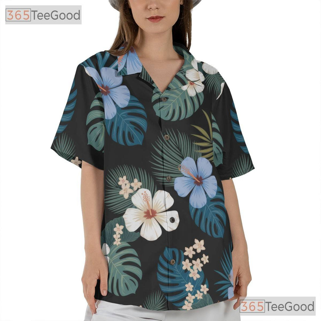 Black Palm Hibiscus Floral Hawaiian Shirt- Unisex Tropical Aloha Party Style