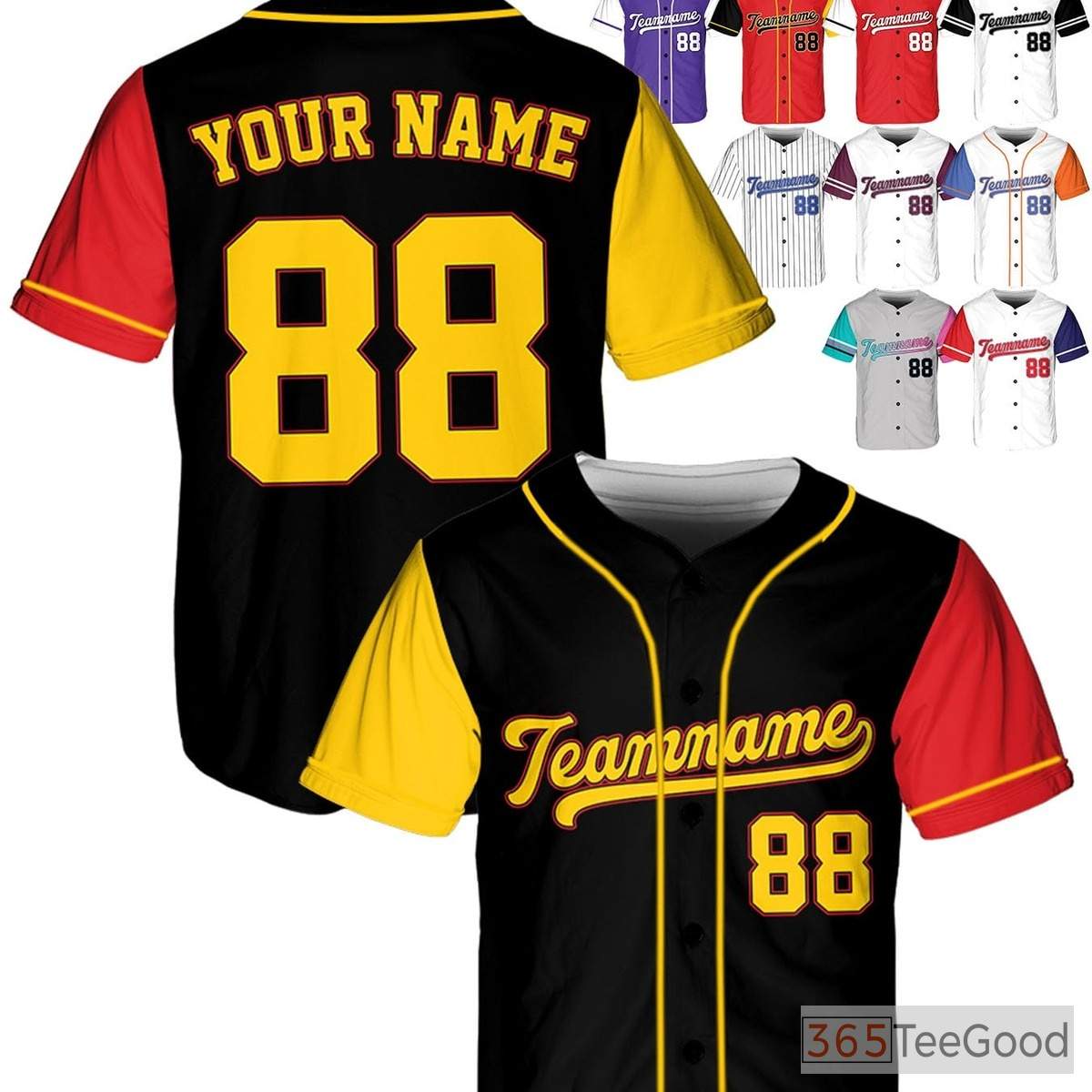 Black, Red, Yellow Baseball Jersey Tee for Men & Women - Custom Name, Number, Logo