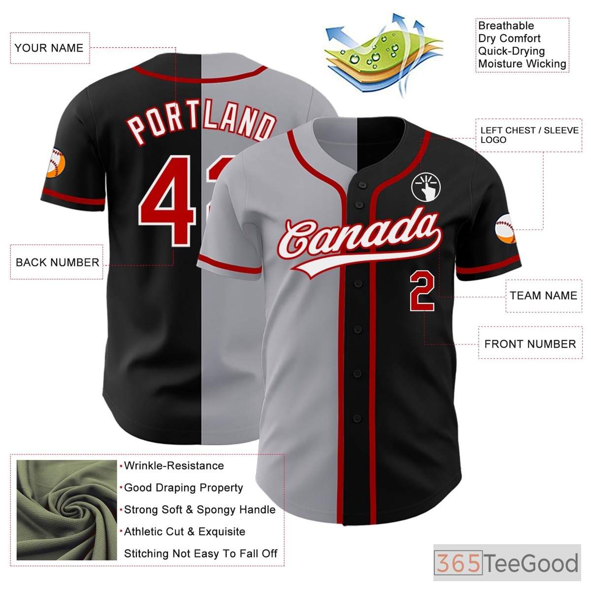 Black, Red & Grey Baseball Jersey Tee for Men & Women - Customizable Team Wear