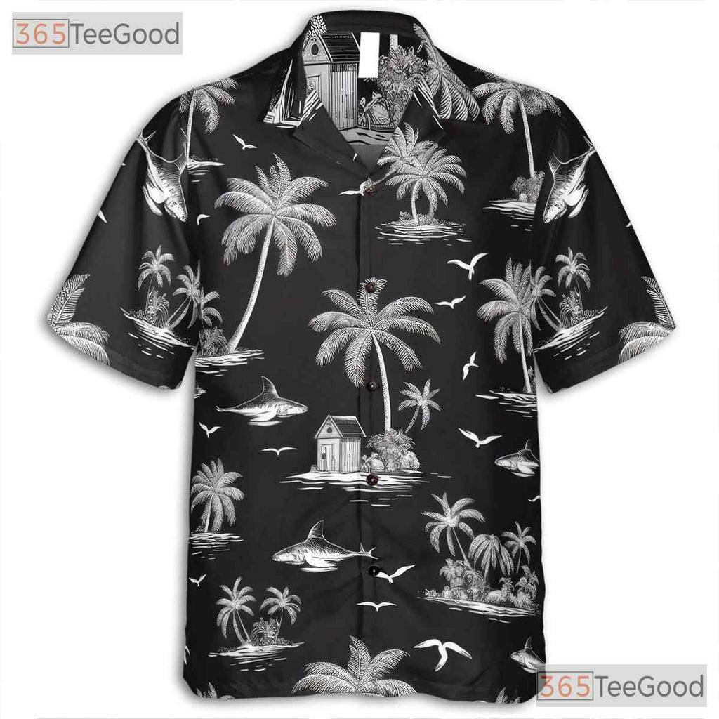 Black Shark Ocean Wave Hawaiian Shirt Men Women, Island Palm Print Aloha Top