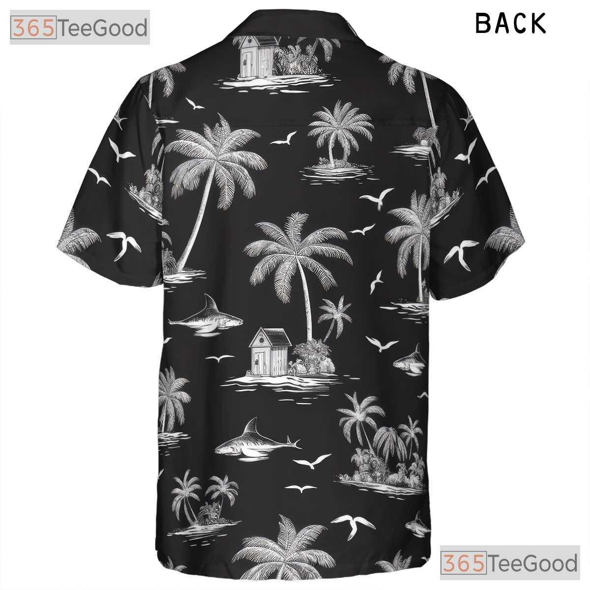 Black Shark Ocean Wave Hawaiian Shirt Men Women, Island Palm Print Aloha Top