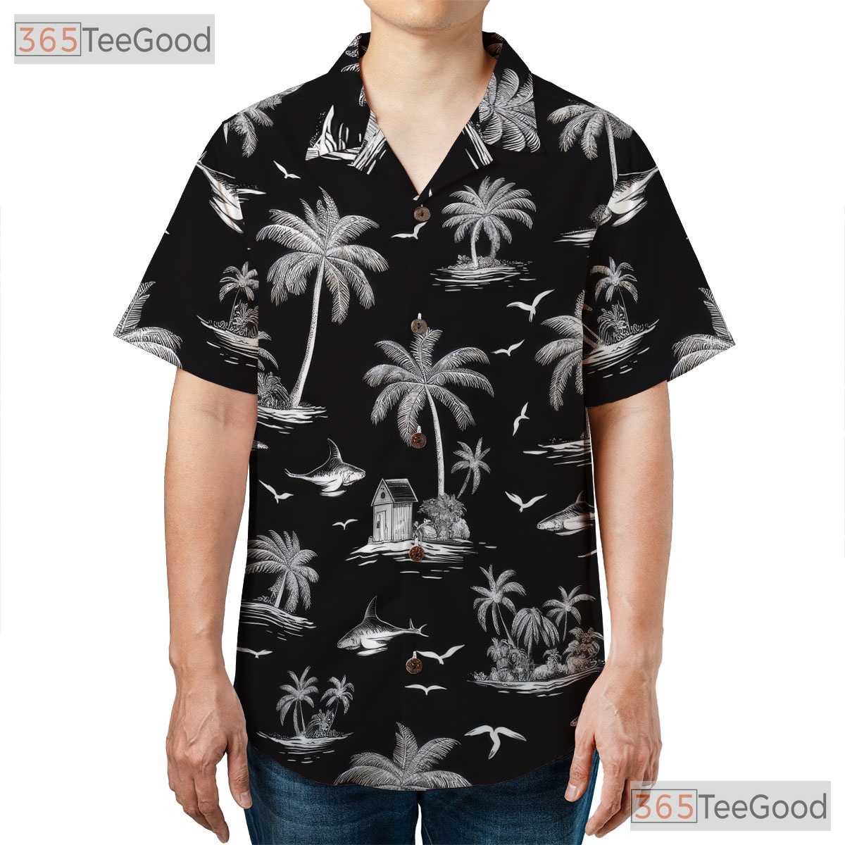 Black Shark Ocean Wave Hawaiian Shirt Men Women, Island Palm Print Aloha Top
