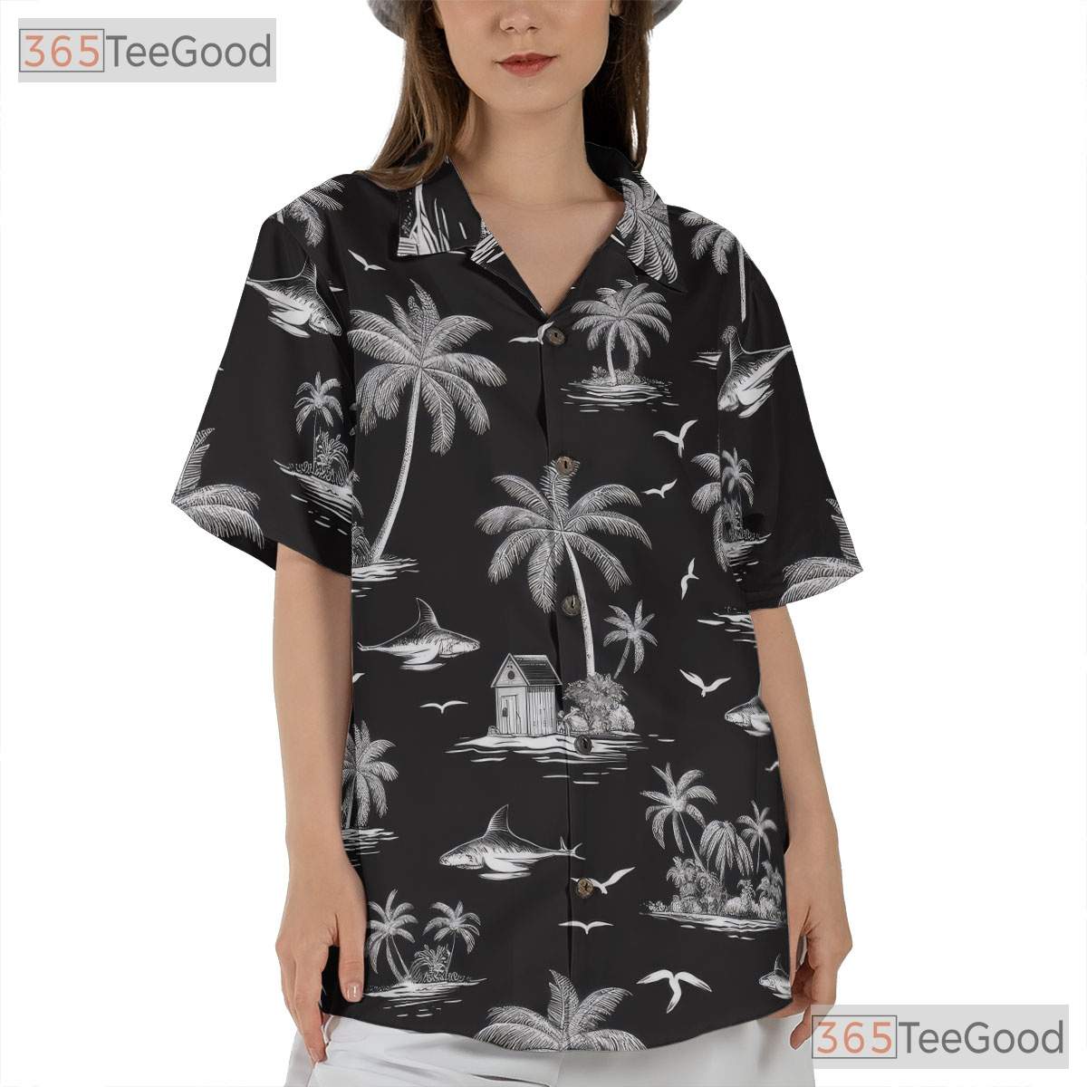 Black Shark Ocean Wave Hawaiian Shirt Men Women, Island Palm Print Aloha Top