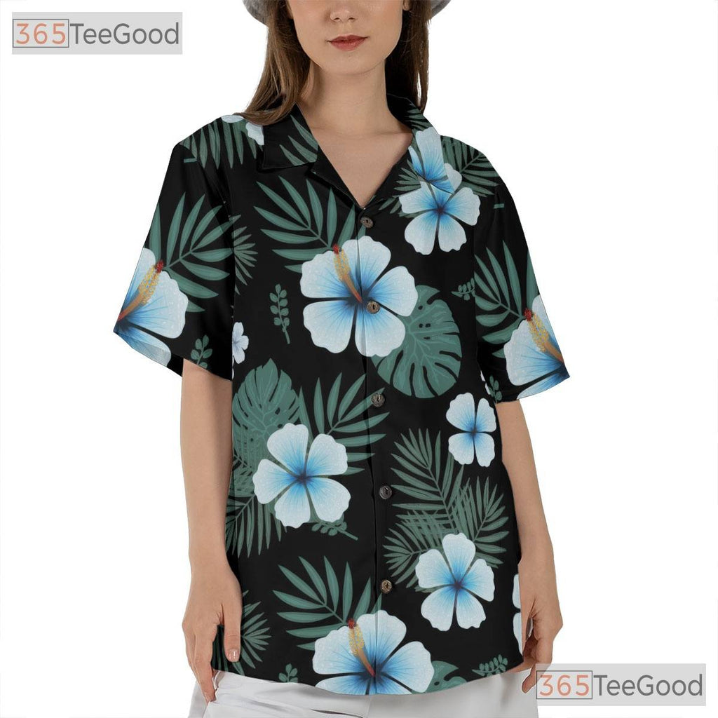 Black Tropical Hibiscus Hawaiian Shirt- Unisex Palm Floral Aloha Party Apparel