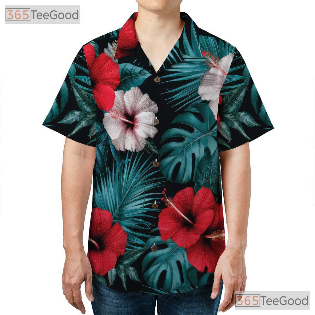 Black Tropical Hibiscus Palm Leaf Aloha Beachwear Hawaiian Shirt Unisex Outfit