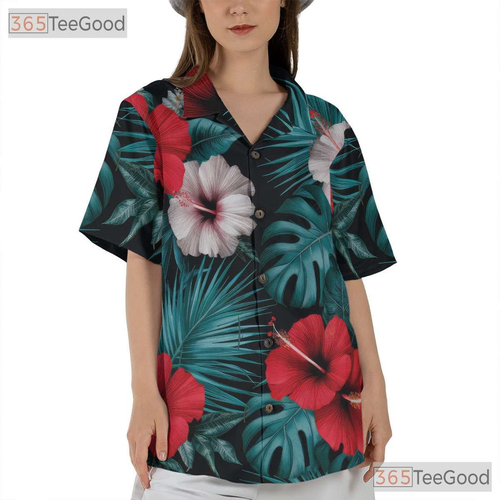 Black Tropical Hibiscus Palm Leaf Aloha Beachwear Hawaiian Shirt Unisex Outfit