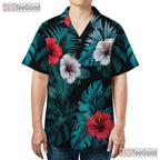 Black Tropical Hibiscus Palm Leaves Aloha Hawaiian Tee Men Women Summer Outfit