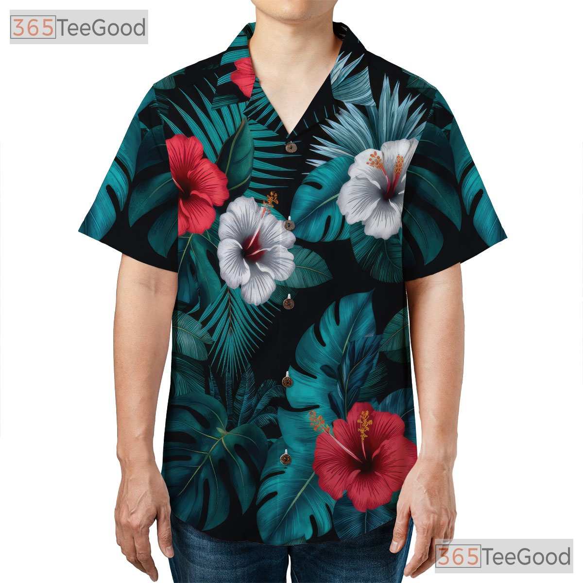 Black Tropical Hibiscus Palm Leaves Aloha Hawaiian Tee Men Women Summer Outfit