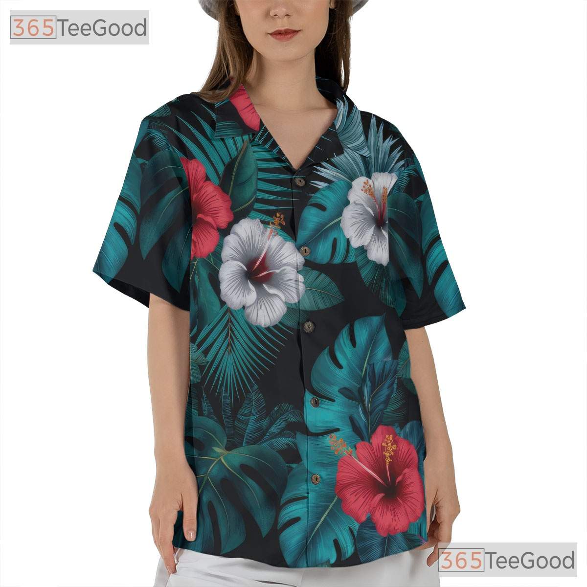 Black Tropical Hibiscus Palm Leaves Aloha Hawaiian Tee Men Women Summer Outfit