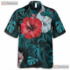 Black Tropical Hibiscus Palm Leaves Hawaiian Tee Unisex Aloha Summer Beachwear
