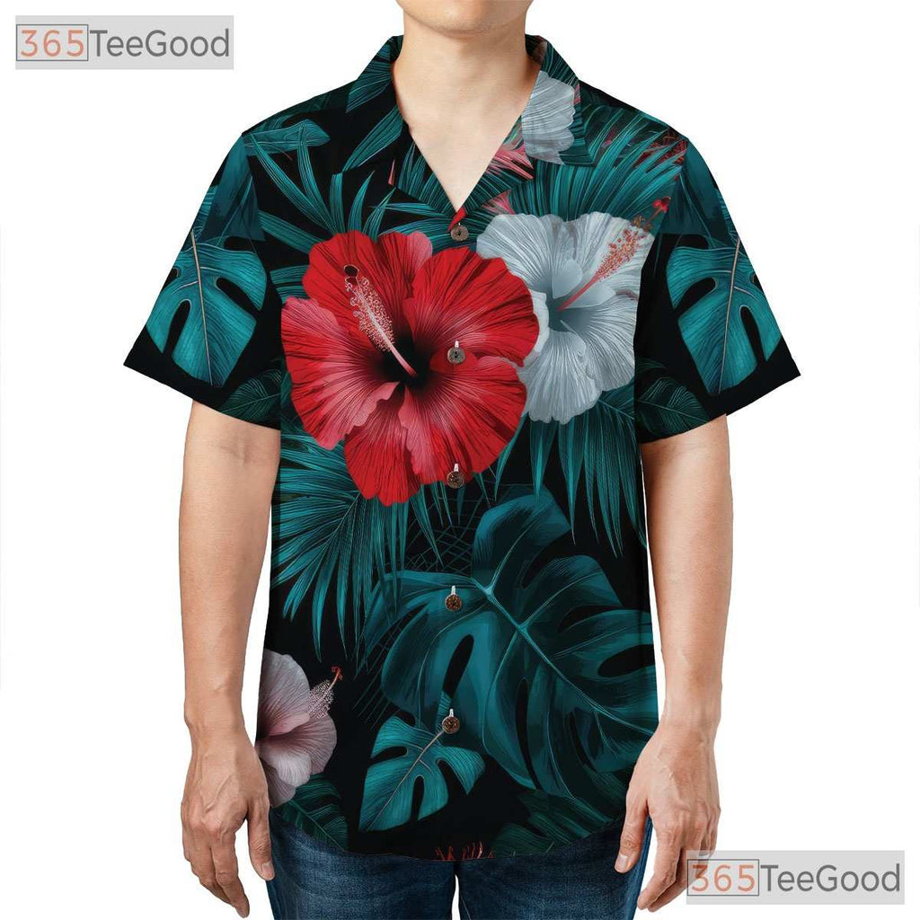 Black Tropical Hibiscus Palm Leaves Hawaiian Tee Unisex Aloha Summer Beachwear