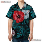 Black Tropical Hibiscus Palm Leaves Hawaiian Tee Unisex Aloha Summer Beachwear