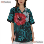 Black Tropical Hibiscus Palm Leaves Hawaiian Tee Unisex Aloha Summer Beachwear