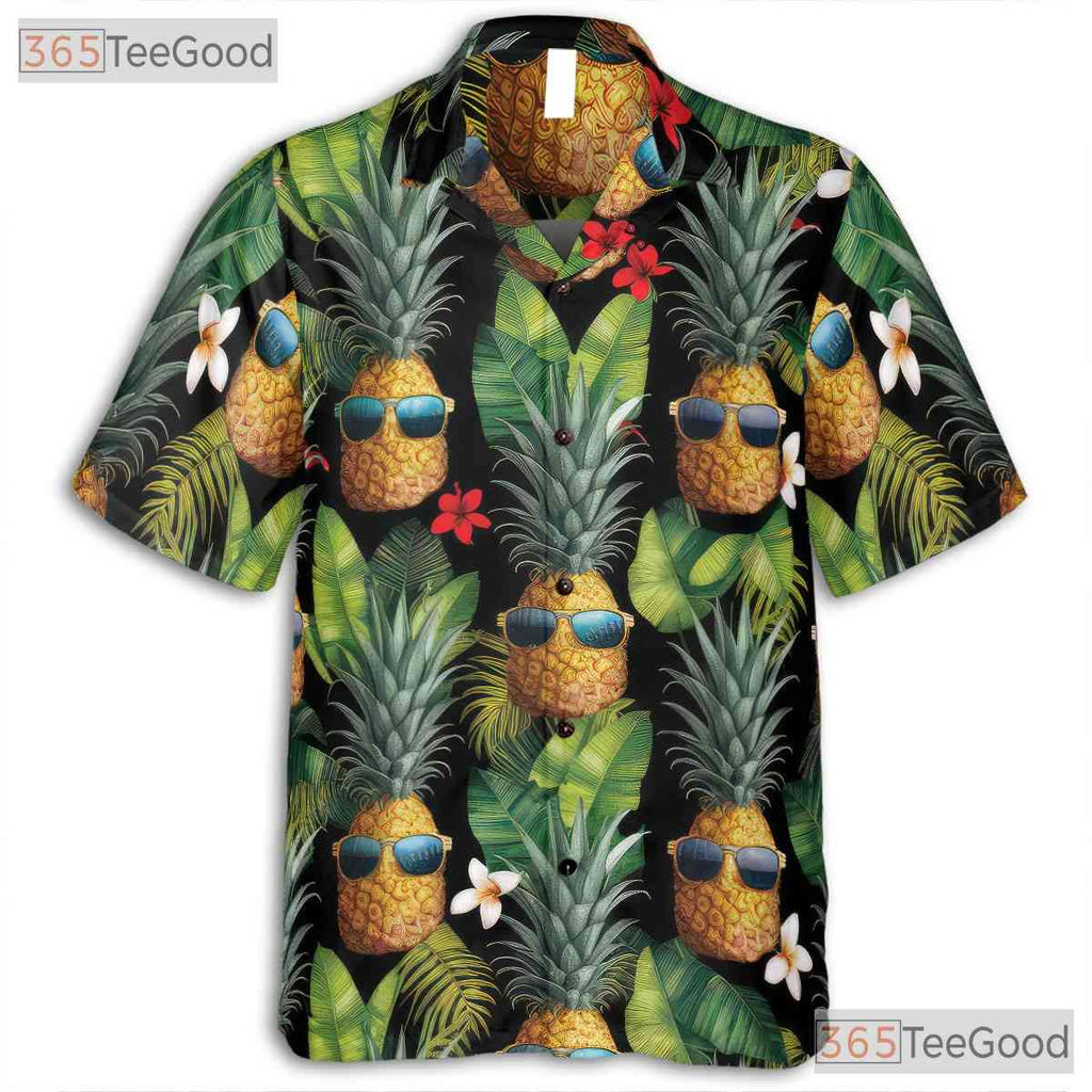 Black Tropical Pineapples Flowers Aloha Beachwear Hawaiian Tee Unisex Outfit