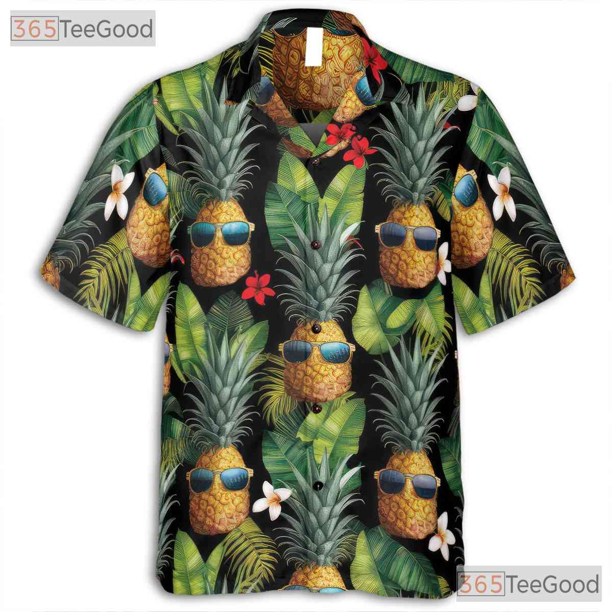 Black Tropical Pineapples Flowers Aloha Beachwear Hawaiian Tee Unisex Outfit