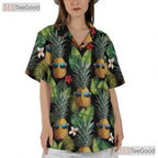Black Tropical Pineapples Flowers Aloha Beachwear Hawaiian Tee Unisex Outfit