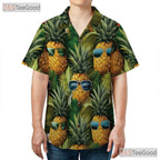Black Tropical Pineapples Flowers Beach Party Hawaiian Shirt Men Women Outfit