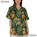 Black Tropical Pineapples Flowers Beach Party Hawaiian Shirt Men Women Outfit