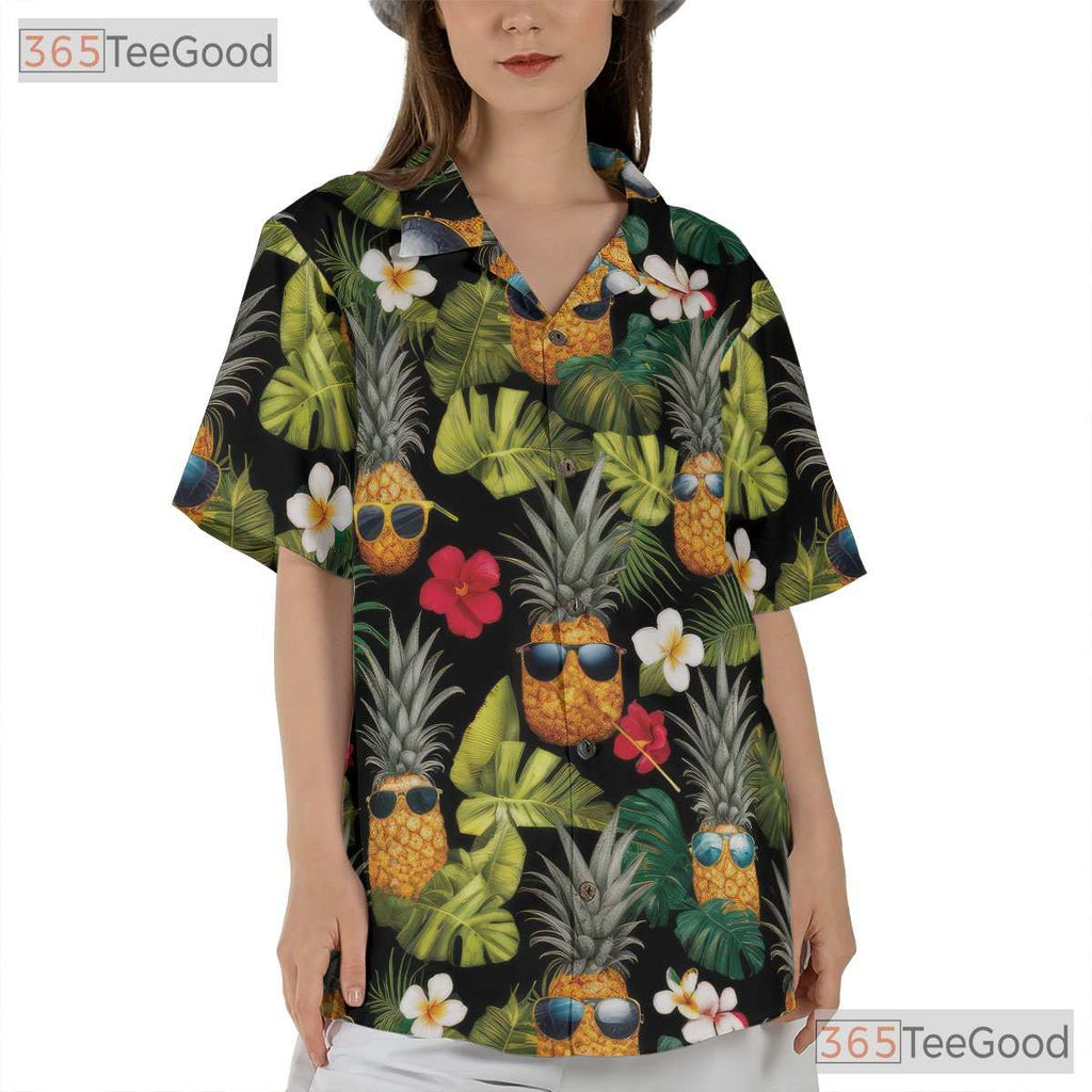 Black Tropical Pineapples Sunglasses Aloha Hawaiian Tee Unisex Vacation Outfit