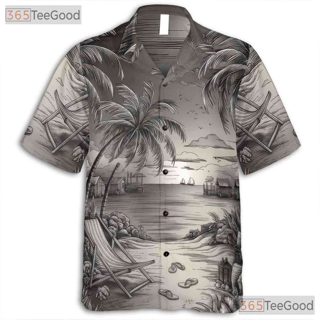 Black White Beach Sketch Retro Aloha Hawaiian Shirt Men Women Summer Outfit