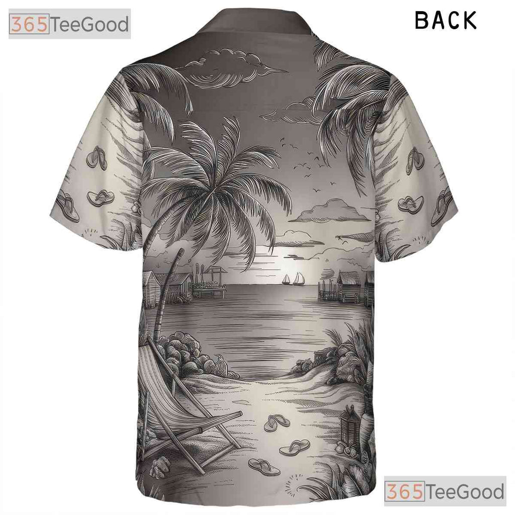 Black White Beach Sketch Retro Aloha Hawaiian Shirt Men Women Summer Outfit