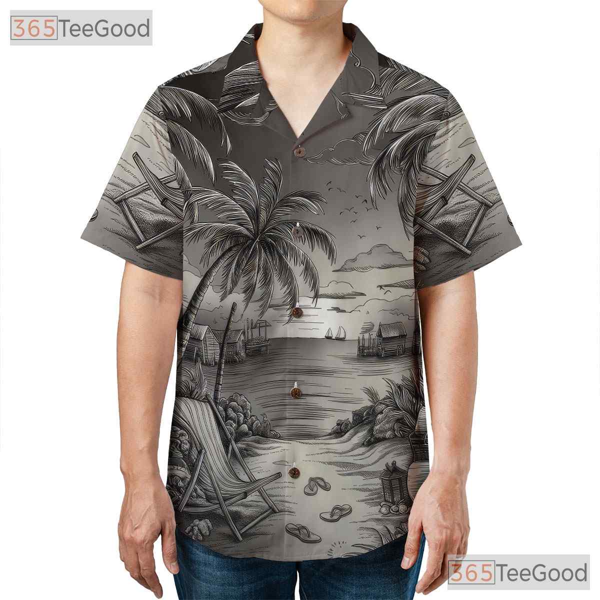 Black White Beach Sketch Retro Aloha Hawaiian Shirt Men Women Summer Outfit