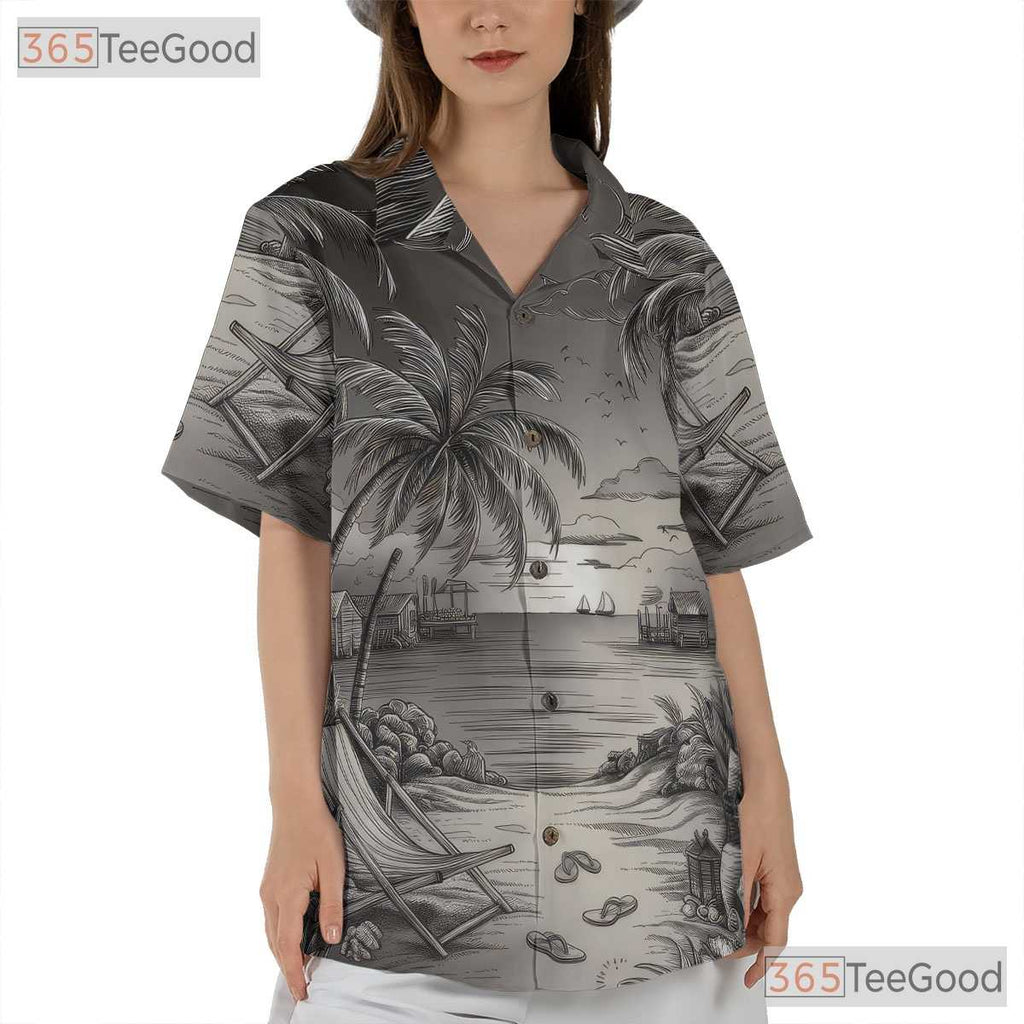 Black White Beach Sketch Retro Aloha Hawaiian Shirt Men Women Summer Outfit