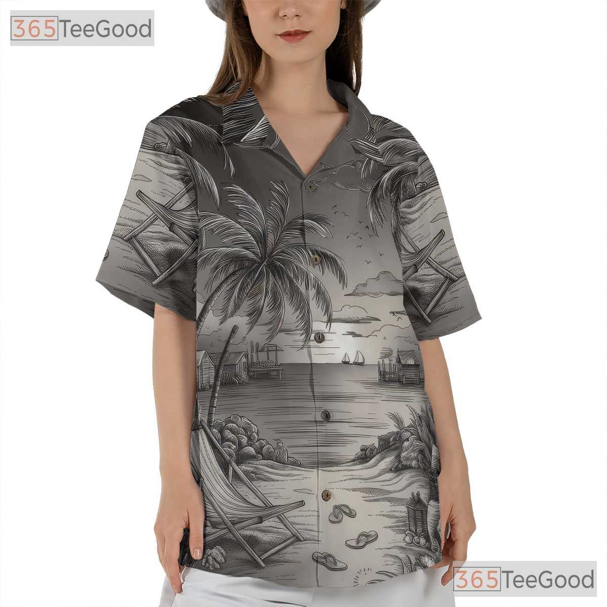 Black White Beach Sketch Retro Aloha Hawaiian Shirt Men Women Summer Outfit