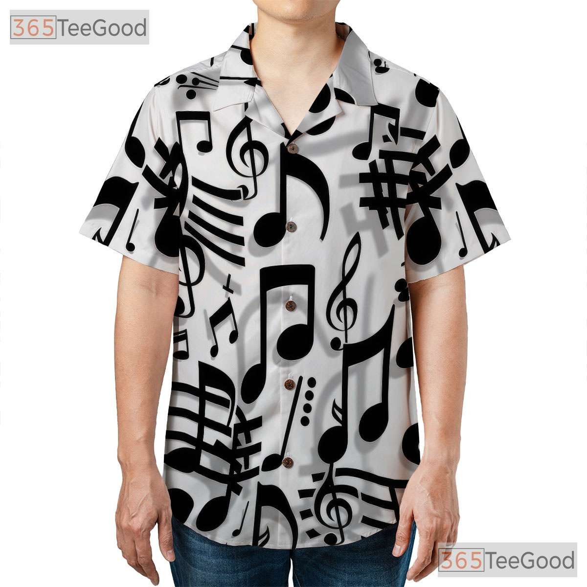 Black White Music Notes Treble Clef Jazz Band Aloha Hawaiian Tee Unisex Top