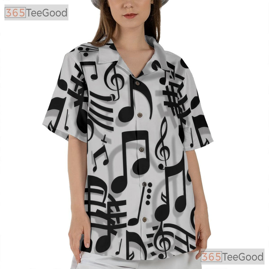 Black White Music Notes Treble Clef Jazz Band Aloha Hawaiian Tee Unisex Top