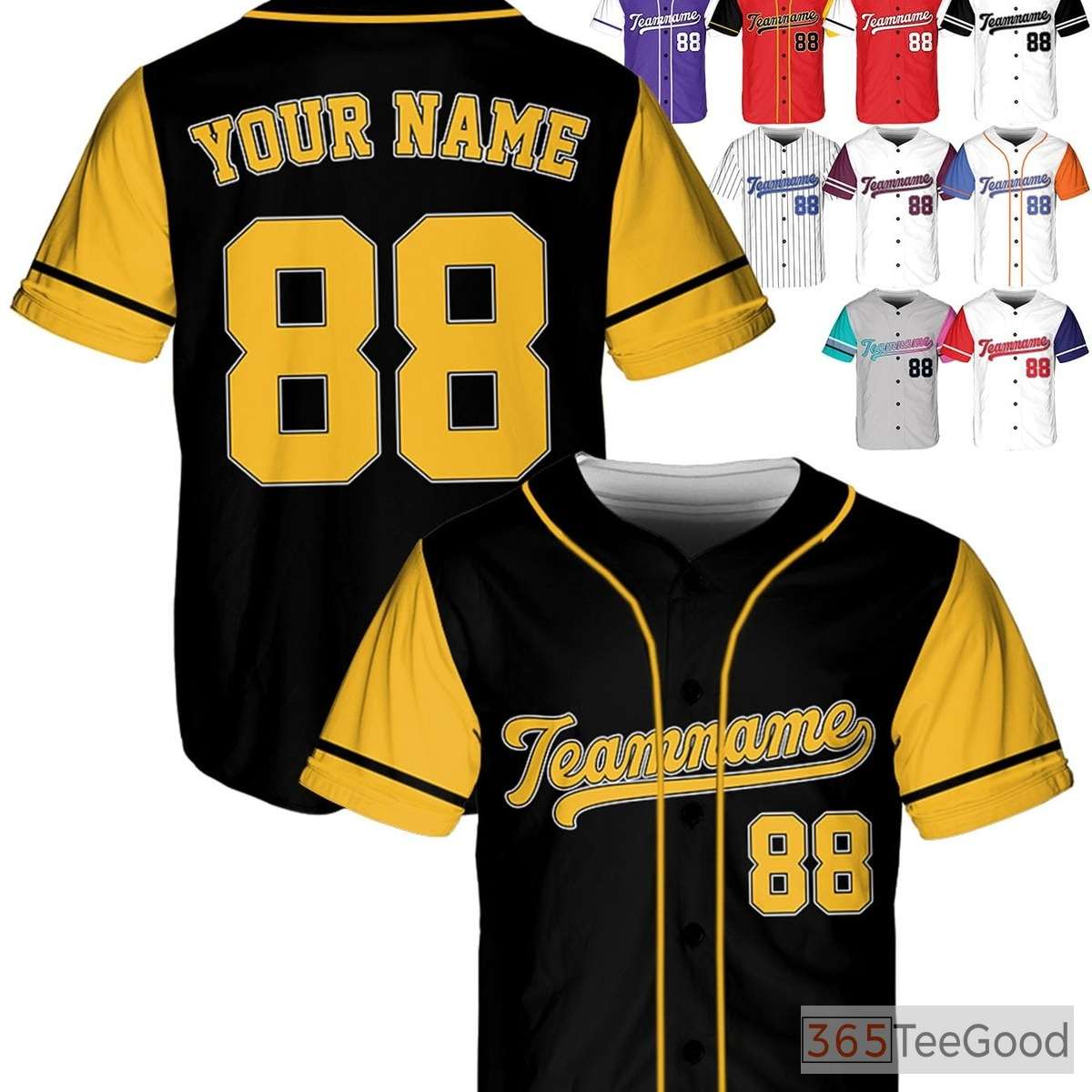 Black & Gold Baseball Jersey Tee - Customize with Your Stitched Name, Number, or Logo