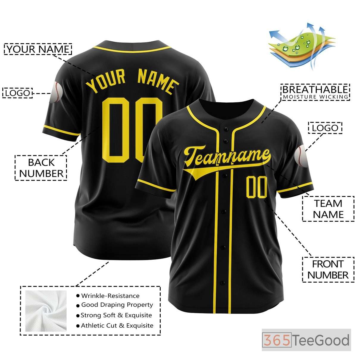 Black & Gold Baseball Jersey for Men & Women - Your Custom Name, Number & Logo